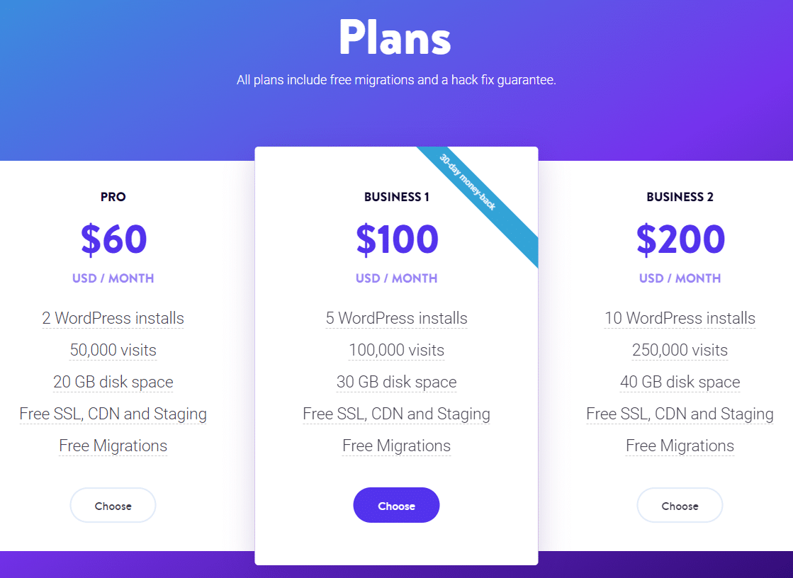 Kinsta 網站上的定價表