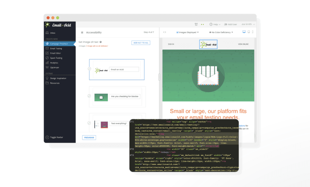 L'interfaccia Email On Acid, che mostra un'e-mail, una barra laterale nera, un elenco di controllo pre-distribuzione in corso e il codice relativo a un elemento all'interno dell'e-mail.