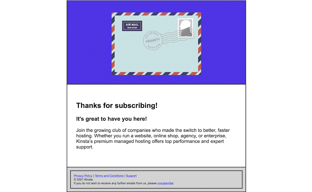Un'e-mail HTML che mostra una busta di posta aerea completa di adesivi, francobollo e macchie rosse e blu, il corpo del testo dal sito Web di Kinsta e una sezione a piè di pagina contenente un'informativa sulla privacy, supporto e collegamenti ai termini. C'è anche un avviso di copyright per Kinsta e un link per annullare l'iscrizione.