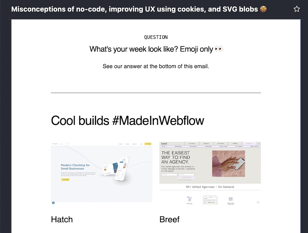 Un'e-mail HTML visualizzata all'interno del browser, che mostra un titolo contenente un cookie emoji e il contenuto del corpo che mostra immagini, emoji e formattazione tipografica.