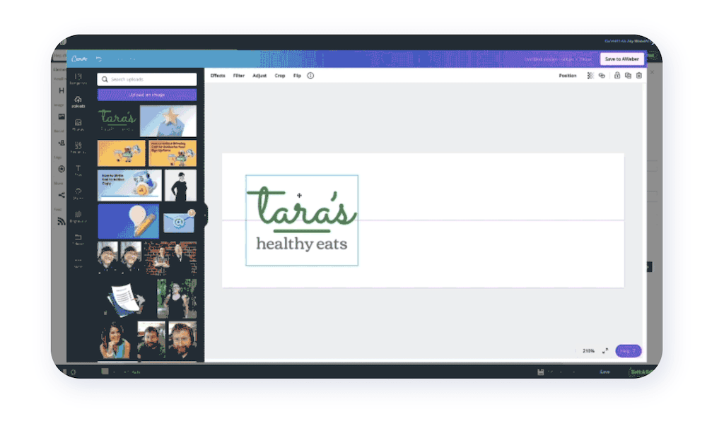 L'interfaccia di AWeber, che mostra l'interfaccia di Canva sovrapposta al visual builder. L'area di disegno mostra il logo di "Tara's Healthy Eats" e la barra laterale contiene una serie di grafici e immagini.