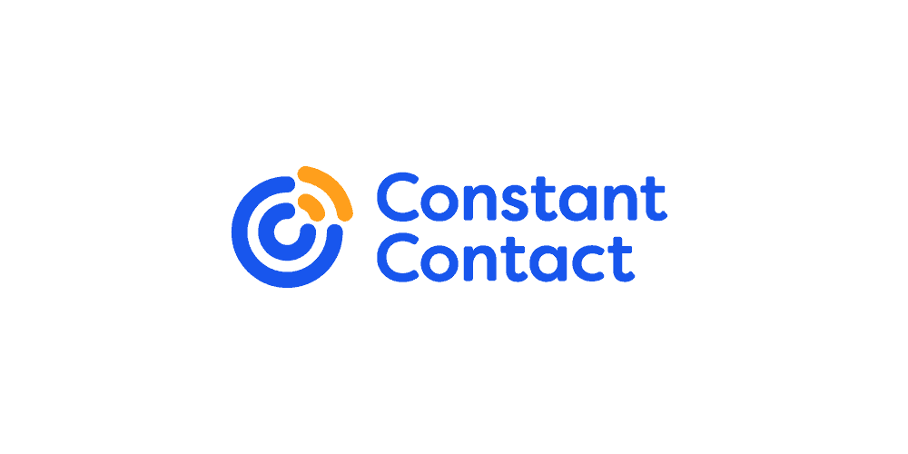Il logo Constant Contact, in blu, con un logo circolare contenente una sezione in giallo.