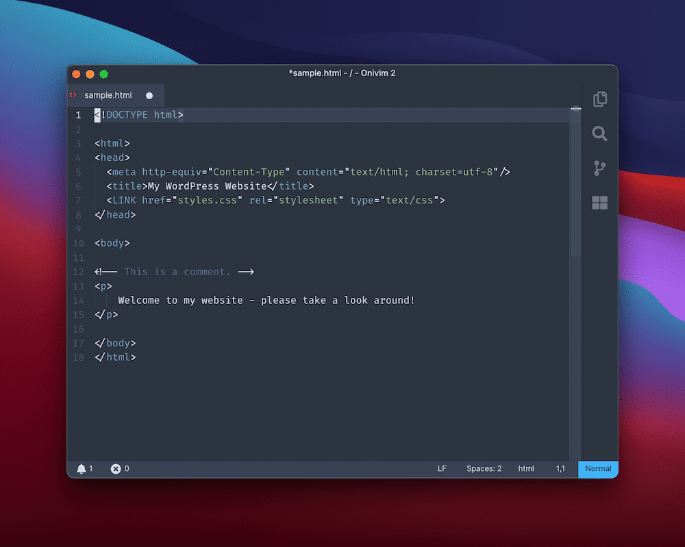 Uno snippet di HTML nell'app Onivim2, che mostra una serie di tag per aiutare a definire le aree di contenuto, come <html>, <head>, <body> e altro.
