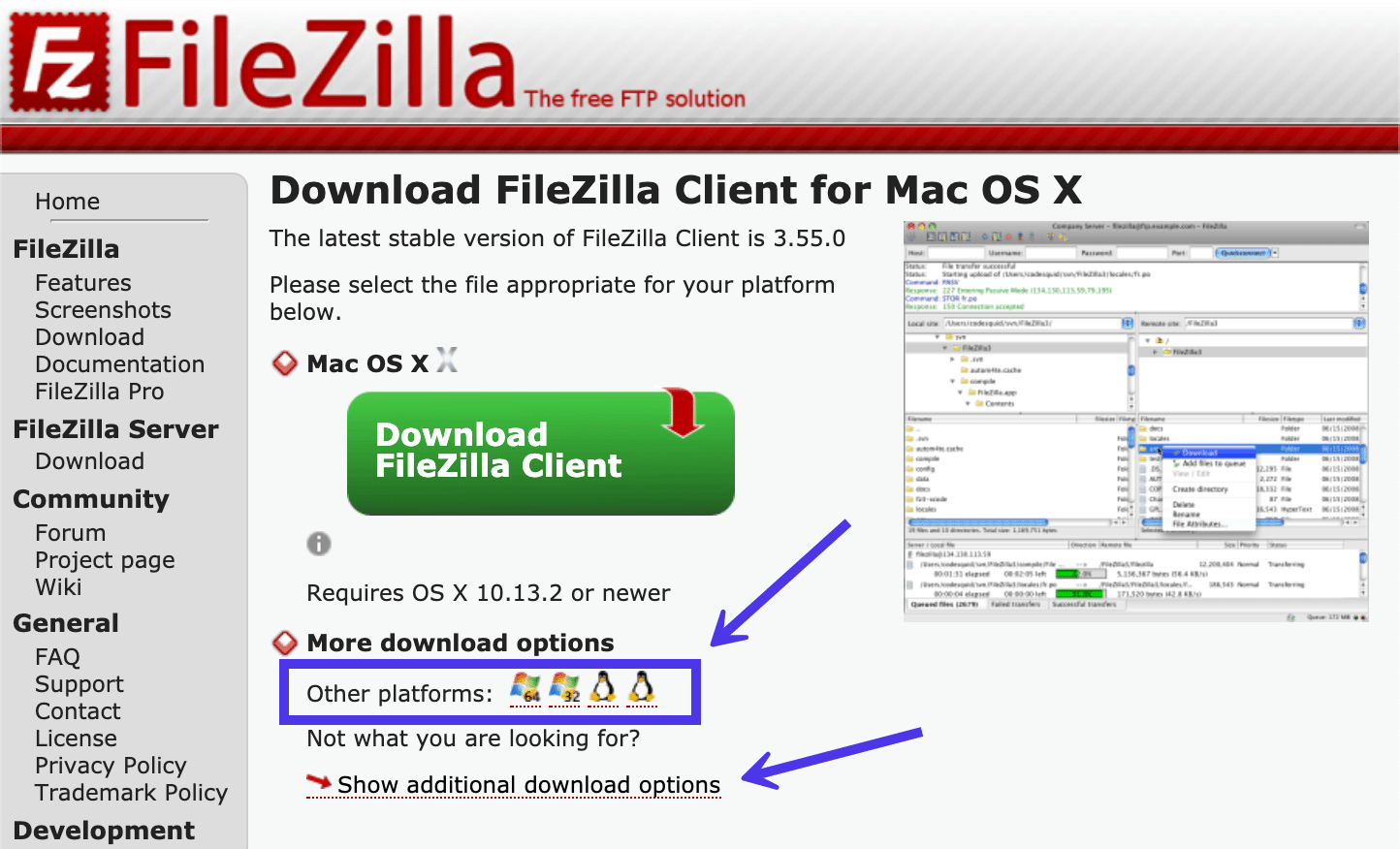 Możesz przeglądać wersje FileZilla dla innych platform.