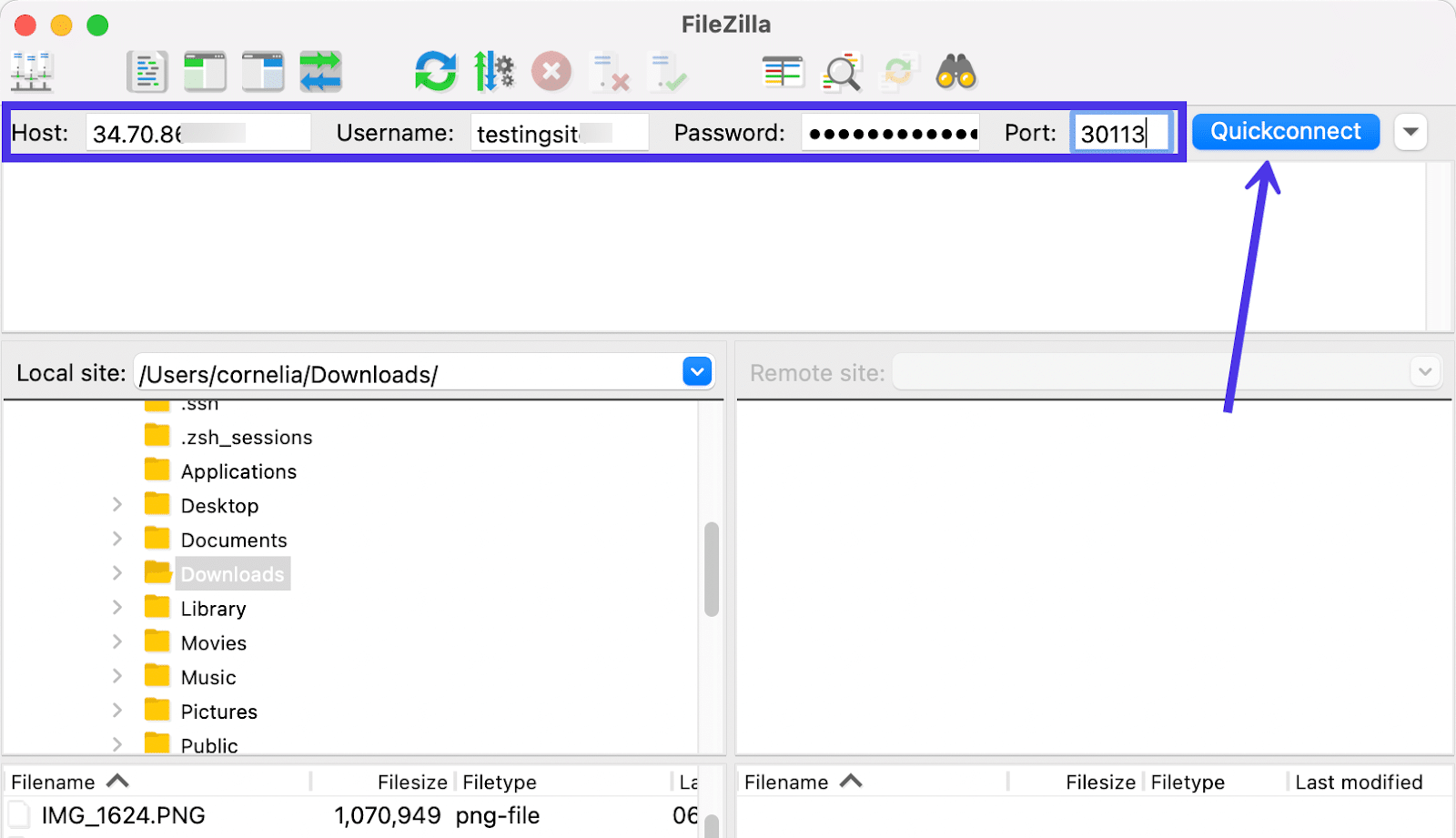 Kliknij Quickconnect po wpisaniu poświadczeń.