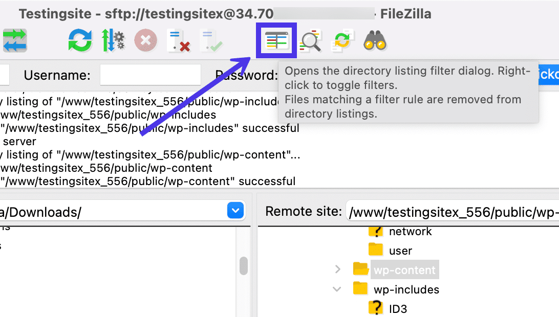 Aby filtrować pliki w FileZilla, kliknij przycisk Directory Listing Dialog.