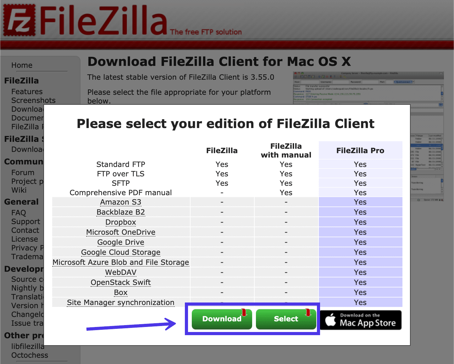 Wybierz, czy chcesz pobrać FileZilla samodzielnie, czy z instrukcją.