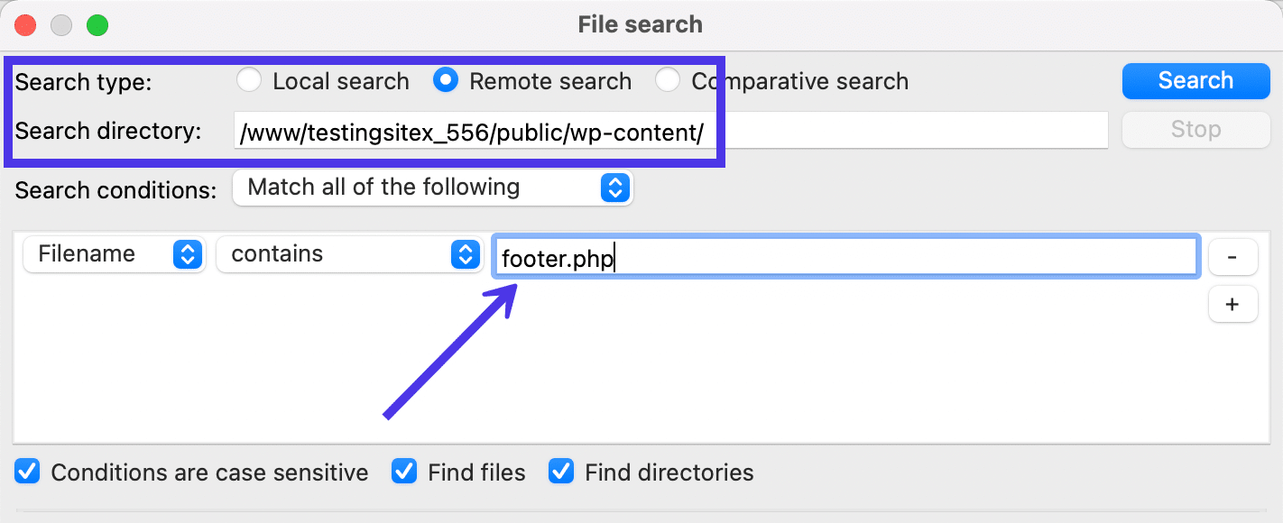 Użyj przycisku opcji Remote Search, aby przeglądać tylko pliki ze zdalnego serwera.