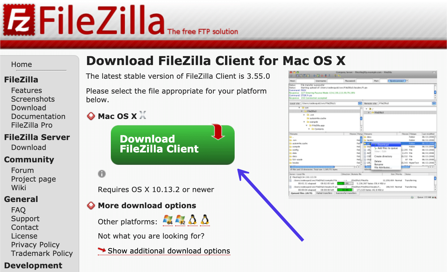 przycisk pobierania filezilla