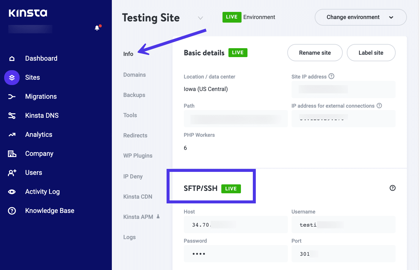 Przejdź do informacji > SFTP/SSH w MyKinsta.