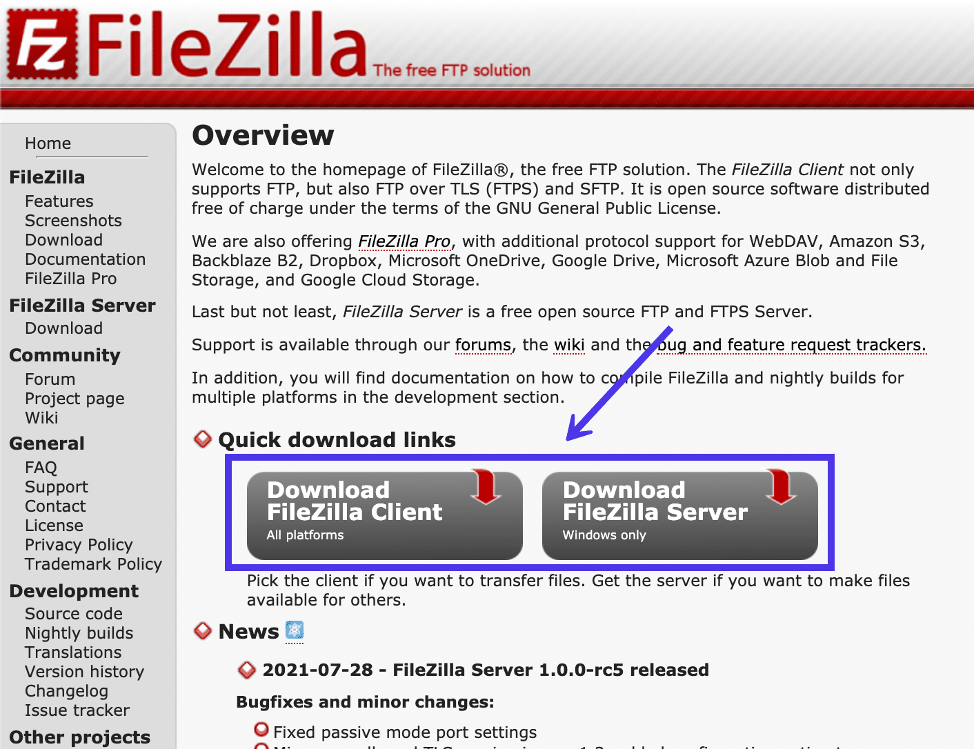 Aby rozpocząć proces instalacji, kliknij przycisk Pobierz klienta FileZilla.