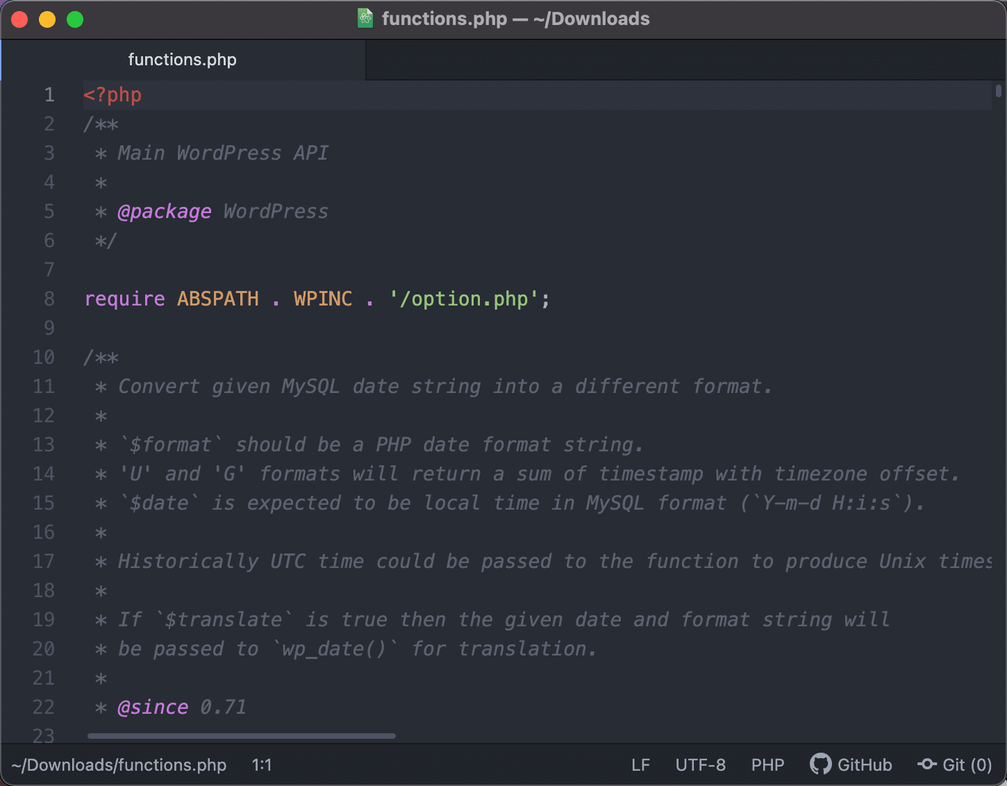 Przeglądanie pliku functions.php w Atom.