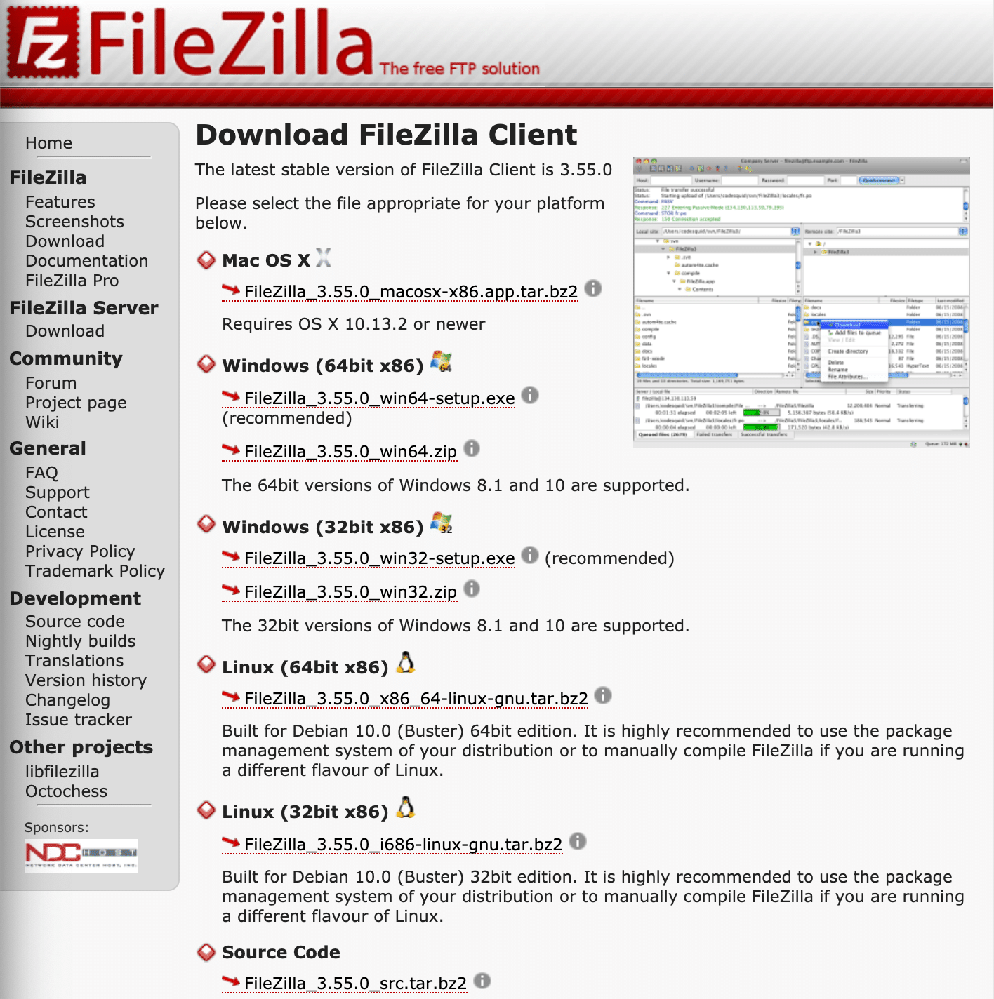 Strona ze wszystkimi wersjami FileZilla i linkami do ich pobierania.