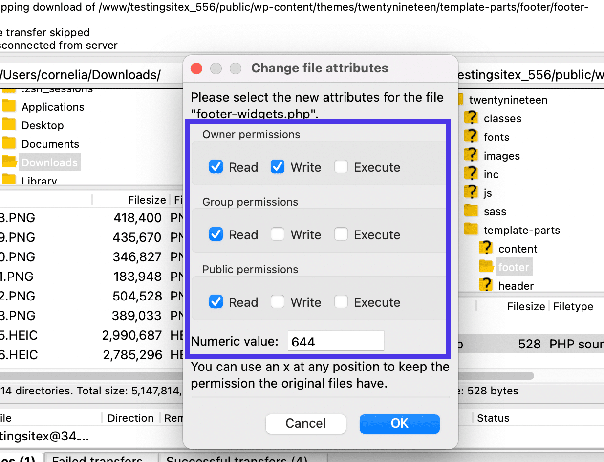 Możesz zmienić uprawnienia do plików bezpośrednio w FileZilla.