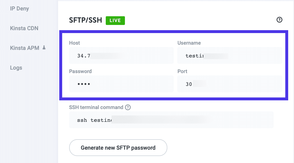 Skopiuj poświadczenia z MyKinsta do FileZilla.