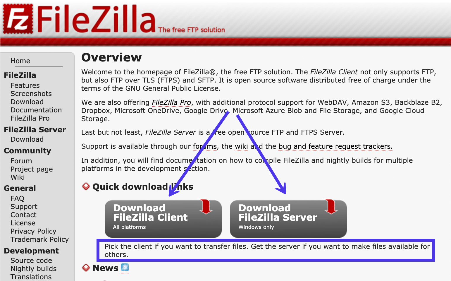 Witryna FileZilla miała dwie opcje pobierania dla klienta FileZilla i serwera FileZilla.