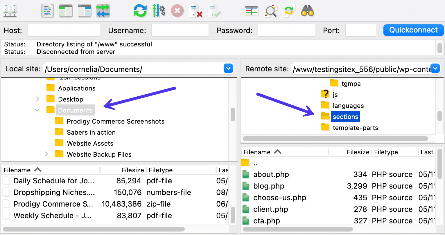 Przykład użytkownika znajdującego się gdzie indziej w FileZilla.