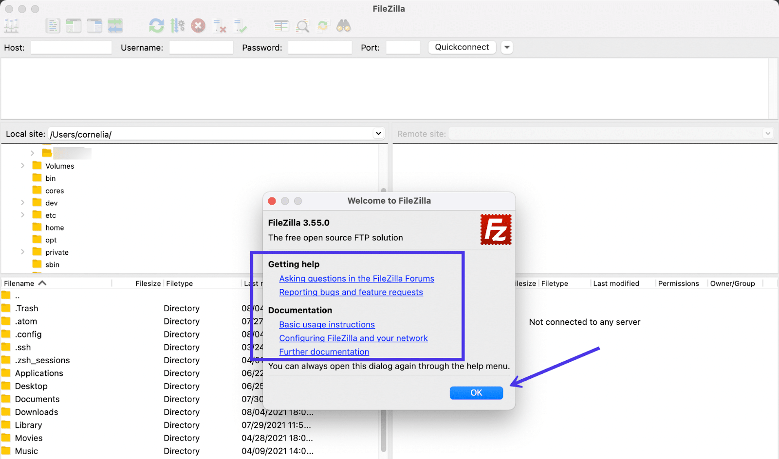 Sprawdź dokumenty pomocy technicznej FileZilla lub przejdź do programu, klikając OK.