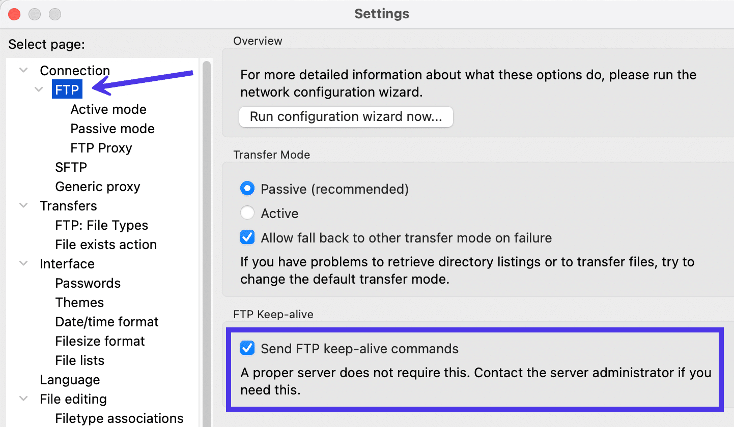 Użyj ustawienia FTP Keep-alive, aby tymczasowo rozwiązać problem z serwerem.