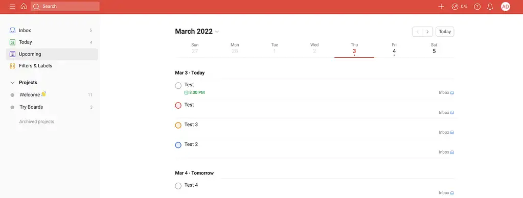 Trello kontra Todoist: „Nadchodzący” obszar Todoist