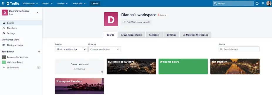 Domyślny widok obszaru roboczego Trello