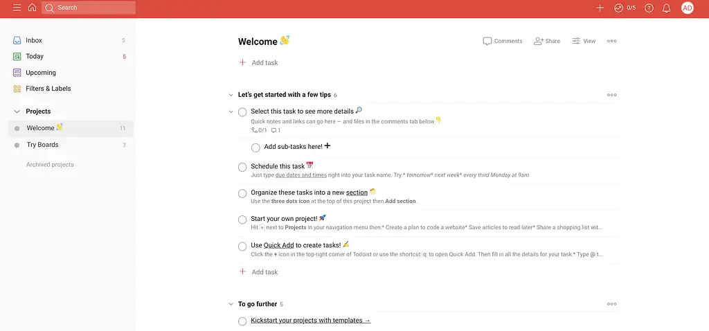 Trello kontra Todoist: obszar projektów Todoist