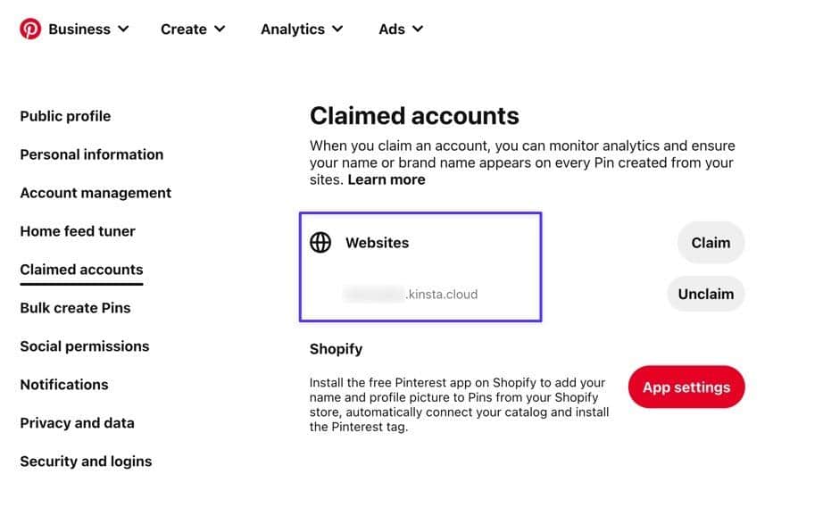 Wyświetl sekcję potwierdzonych kont, aby zobaczyć wszystkie witryny objęte roszczeniami na Pintereście