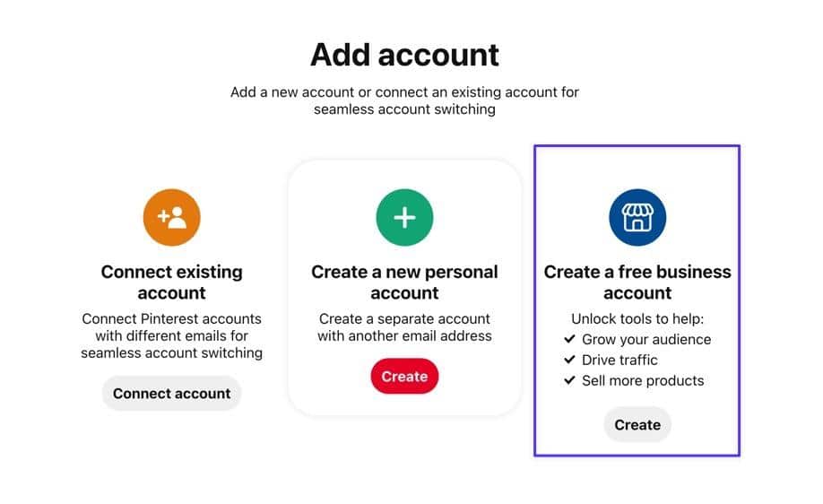 Opcja na Pintereście, aby utworzyć bezpłatne konto biznesowe
