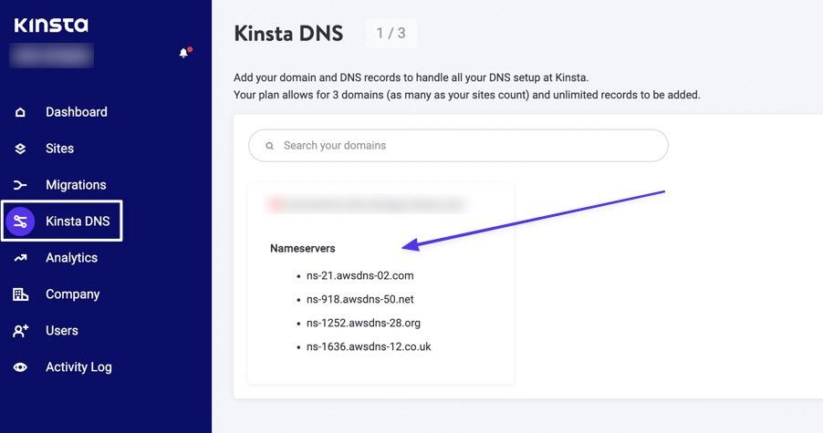 Wybierz Kinsta DNS, a następnie kliknij nazwę domeny
