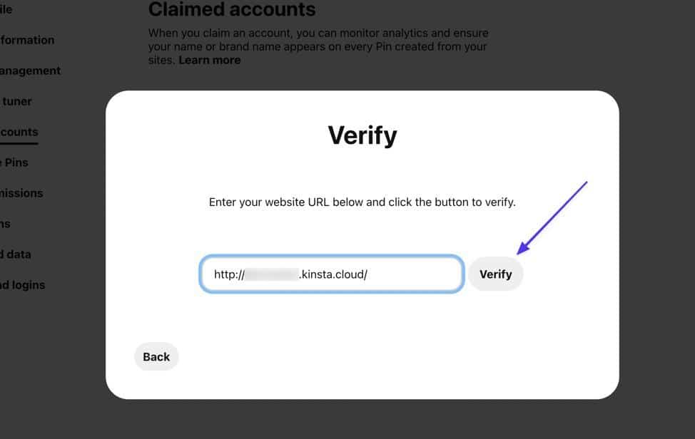 Zweryfikuj połączenie za pomocą swojego adresu URL na Pintereście