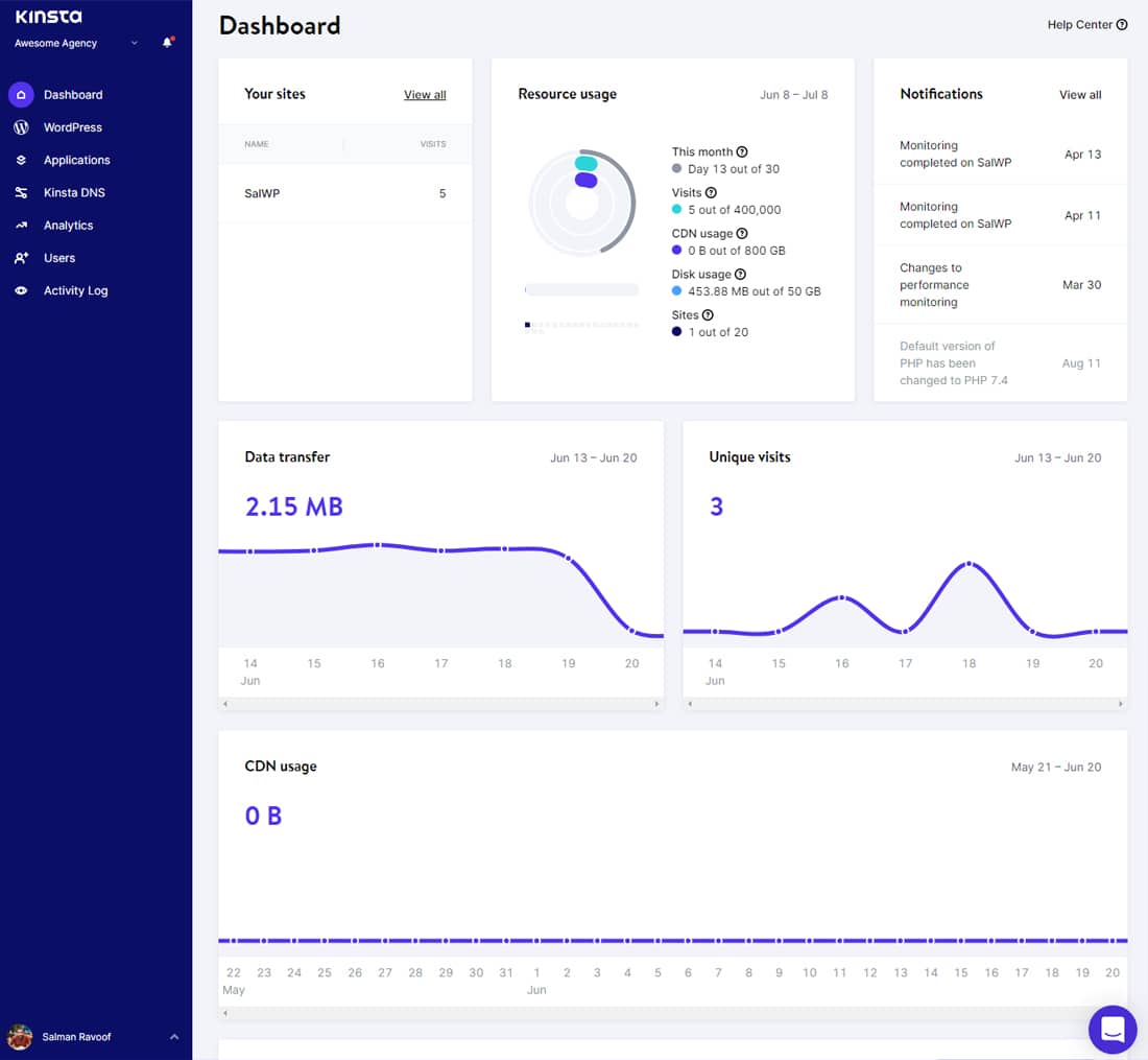 MyKinsta 儀表板的屏幕截圖。