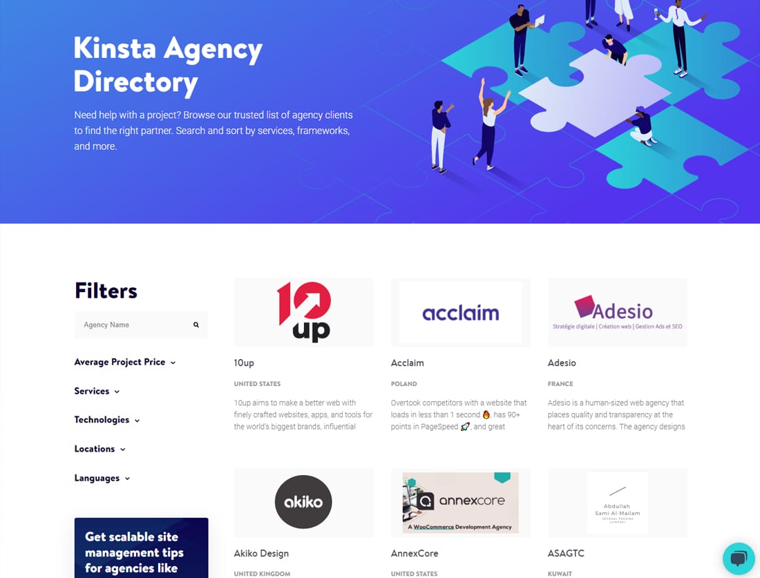 Kinsta 是一個以代理為中心的託管平台,它通過其 Kinsta 代理目錄為代理提供支持。