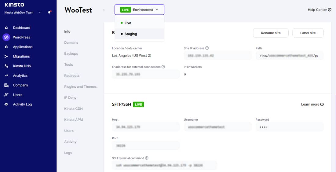 在 MyKinsta 中的實時和暫存環境之間切換。