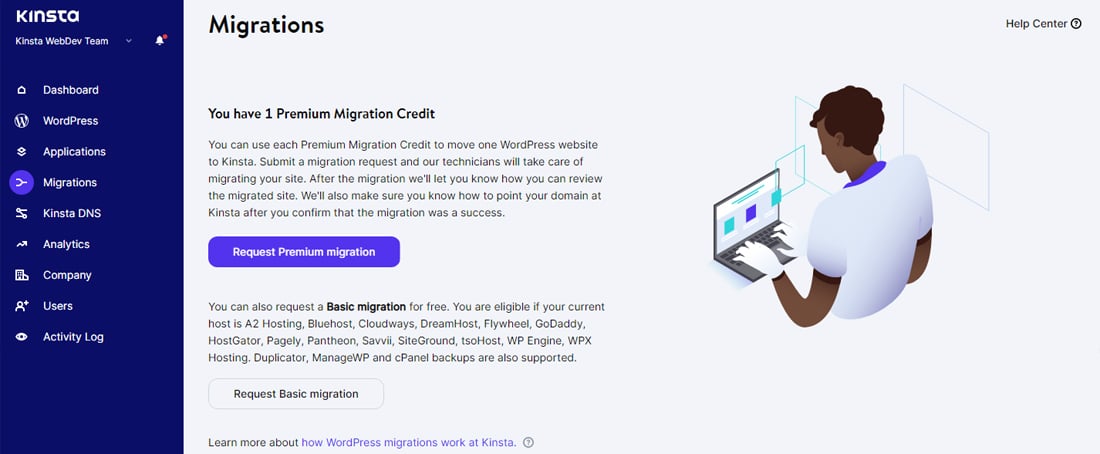 通過 MyKinsta 儀表板請求站點遷移。
