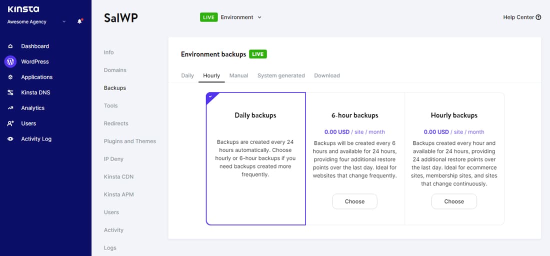 Kinsta 環境備份功能的屏幕截圖,顯示每小時備份選項。
