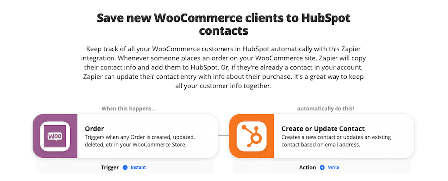 Zap do zapisywania nowych klientów WooCommerce w kontaktach HubSpot.