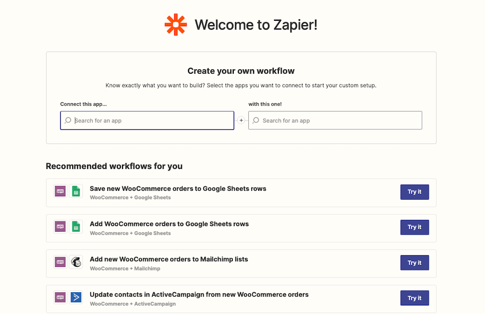 Pulpit nawigacyjny Zapier z przepływami pracy WooCommerce.