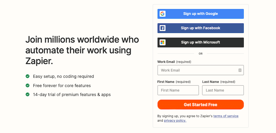 Rejestracja w Zapier.