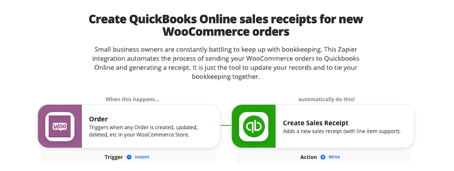 Zap do tworzenia potwierdzeń sprzedaży online QuickBooks dla nowych zamówień WooCommerce.