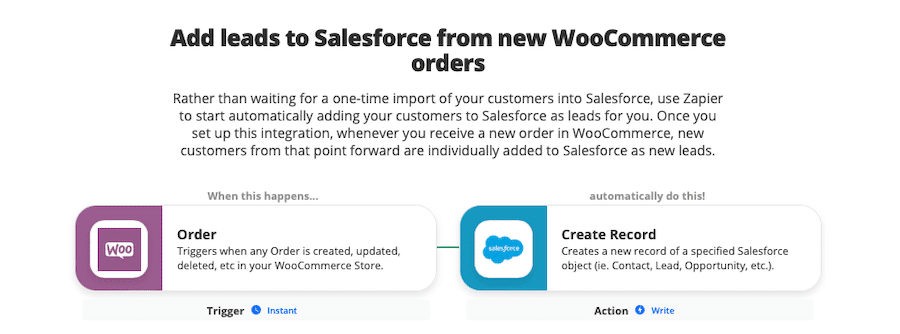 Zap do dodawania leadów do Salesforce z nowych zamówień WooCommerce.