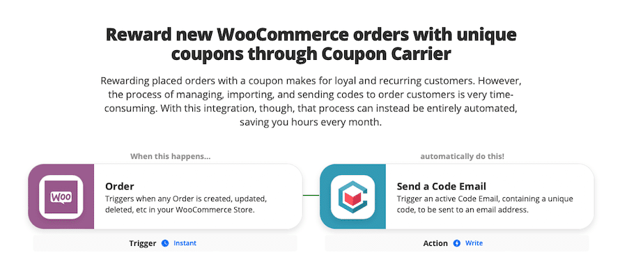 Zap za nagradzanie nowych zamówień WooCommerce unikalnymi kuponami za pośrednictwem Coupon Carrier.