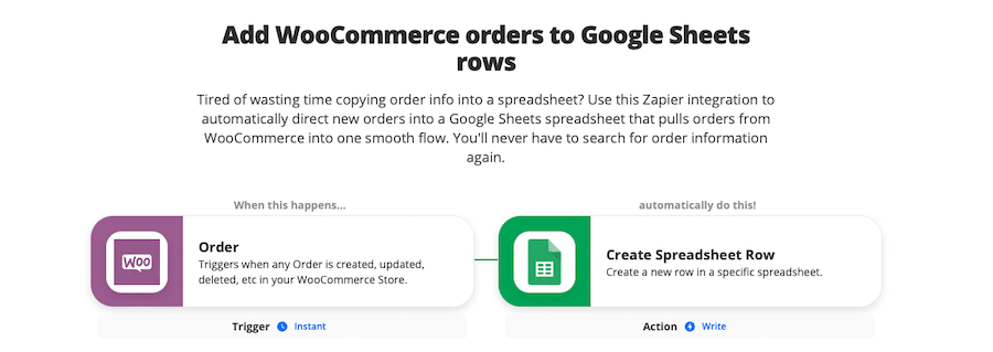Zap do dodawania zamówień WooCommerce do wierszy Arkuszy Google.