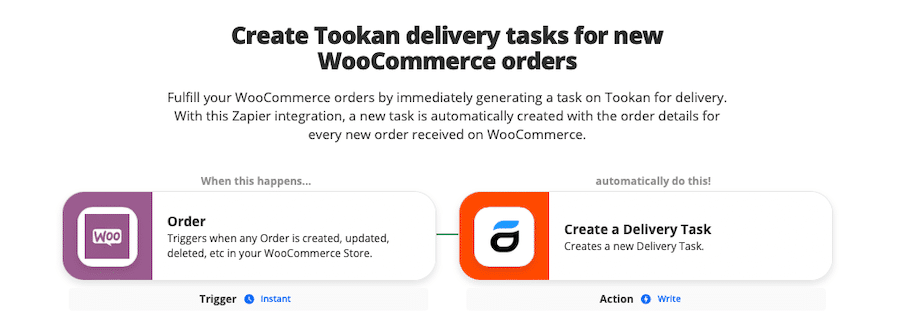 Zap do tworzenia zadań dostawy Tookan dla nowych zamówień WooCommerce.