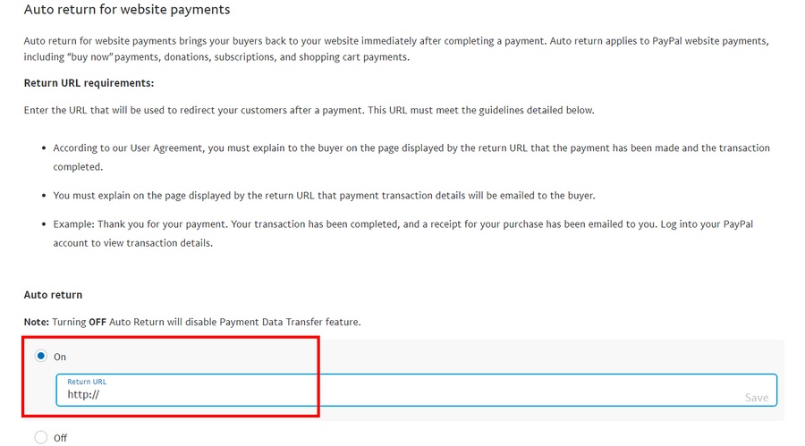 aggiungi l'URL di ritorno automatico in paypal