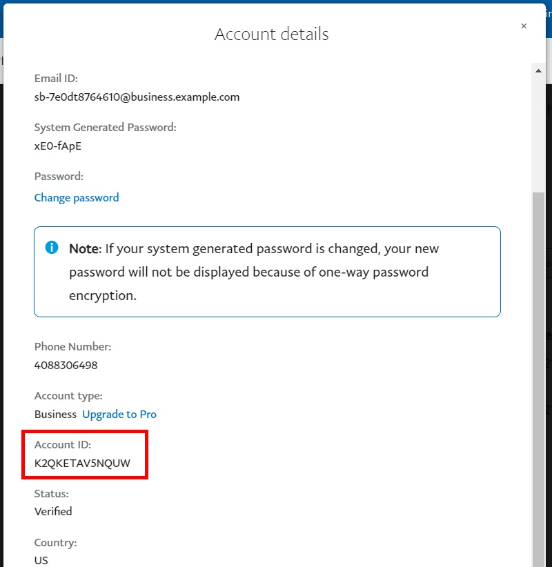 credenziali dell'account sandbox paypal