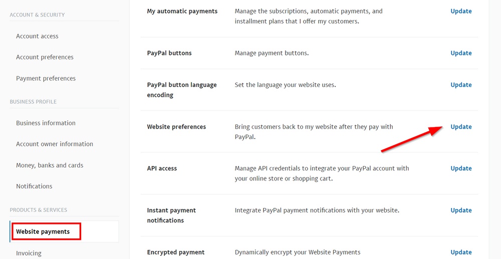 aggiorna le preferenze del sito web di pagamento paypal