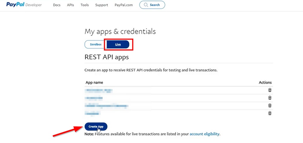 crea un'app API REST live nell'account sviluppatore paypal