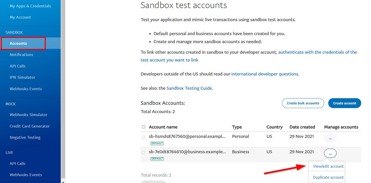 visualizza modifica le impostazioni dell'account sandbox paypal