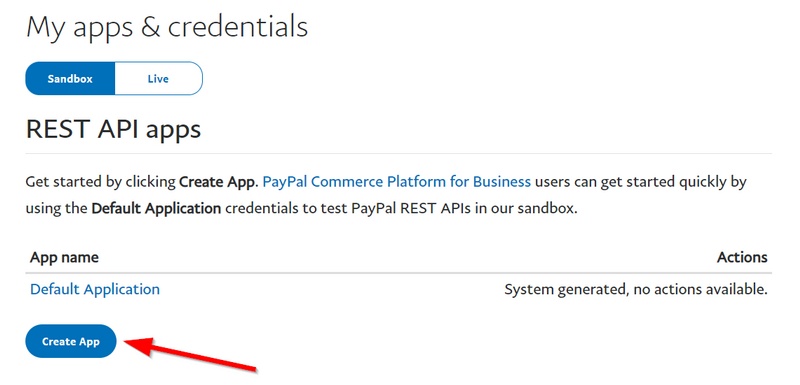 crea sandbox resto api app paypal