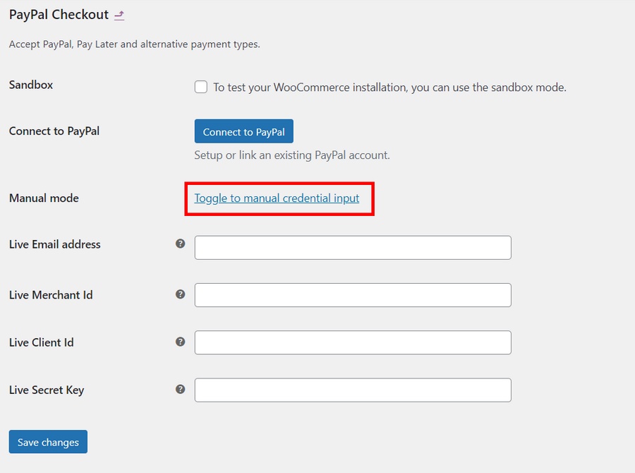 attiva l'inserimento manuale delle credenziali per impostare il checkout di Paypal